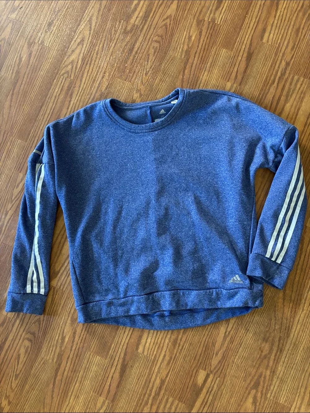 adidas Women's Heather Blue Crewneck Sweatshirt with White Stripes